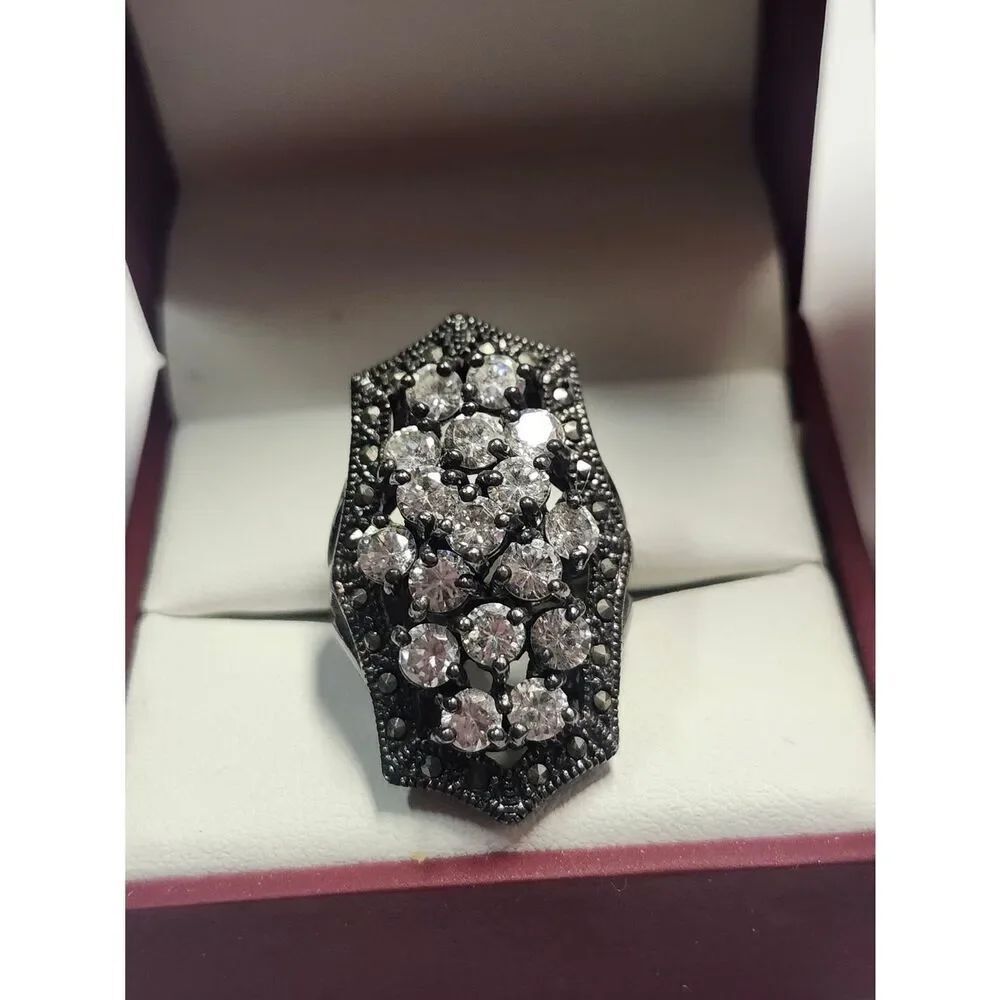 Sparkling Gunmetal Gray Crystal Cluster Cocktail Ring Size 6 NF 925 Sterling
